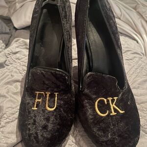 Black Velvet Heels with Gold Embroidered Lettering